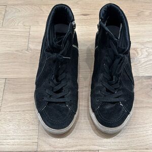 Black suede golden goose high top sneakerss. Wear and tear